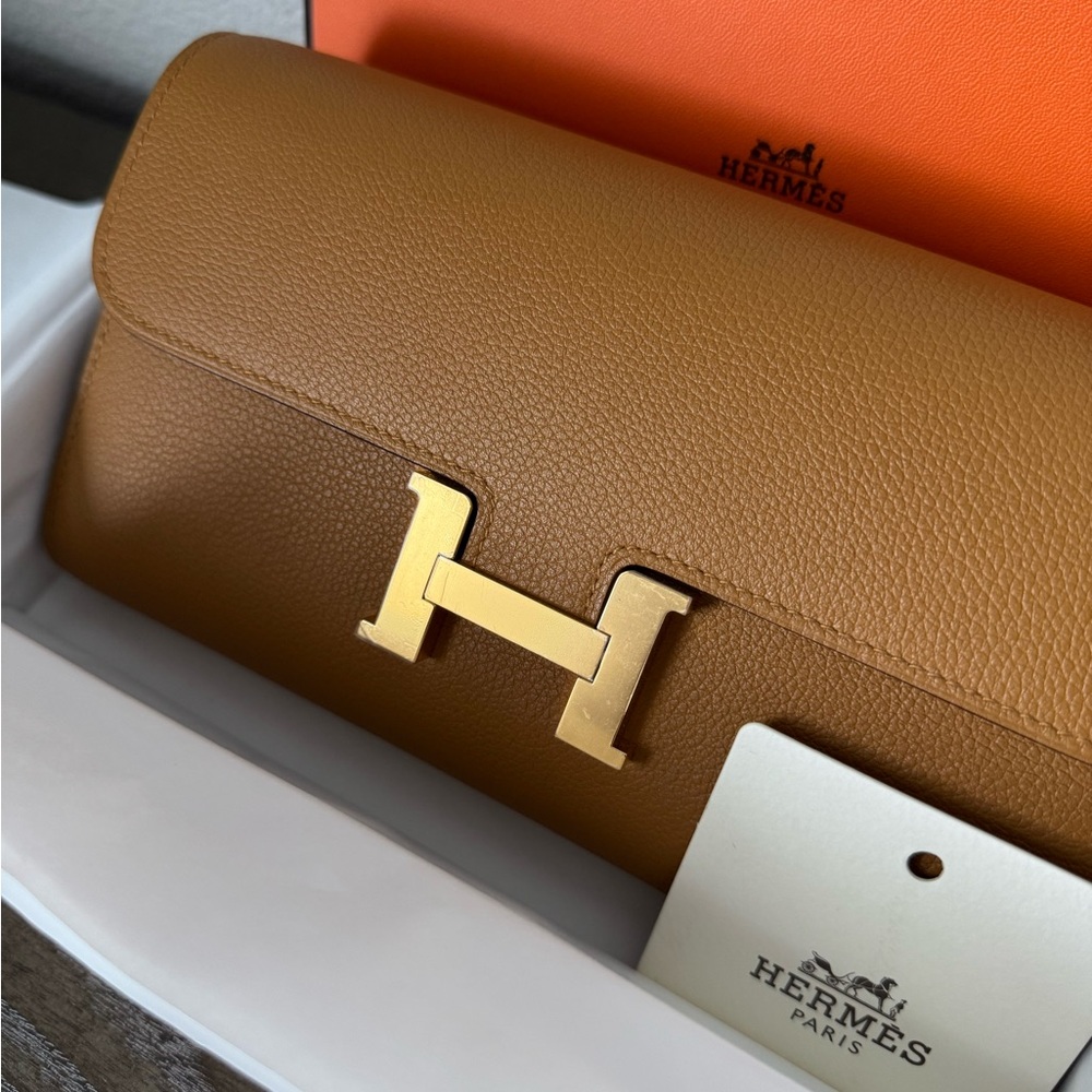 Hermes Tan Leather Clutch with Gold Hardware